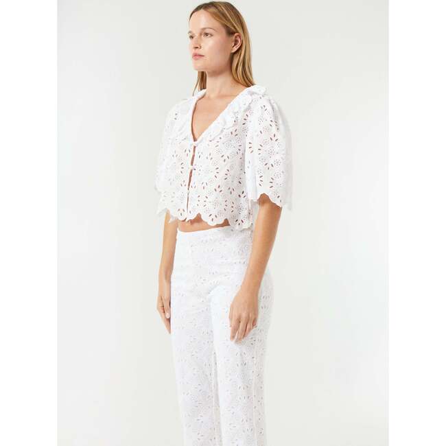Women's Dora Ruffle V-Neck Lace Eyelet Blouse, White Chelsea - Blouses - 4