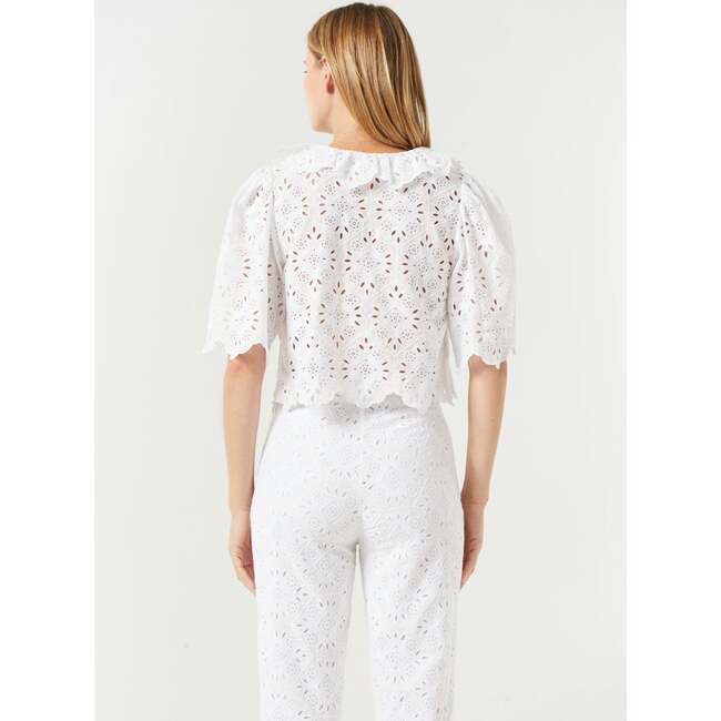 Women's Dora Ruffle V-Neck Lace Eyelet Blouse, White Chelsea - Blouses - 5