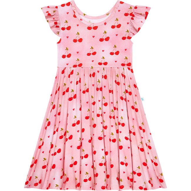 Very Cherry Ruffled Capsleeve Basic Twirl Dress, Pink