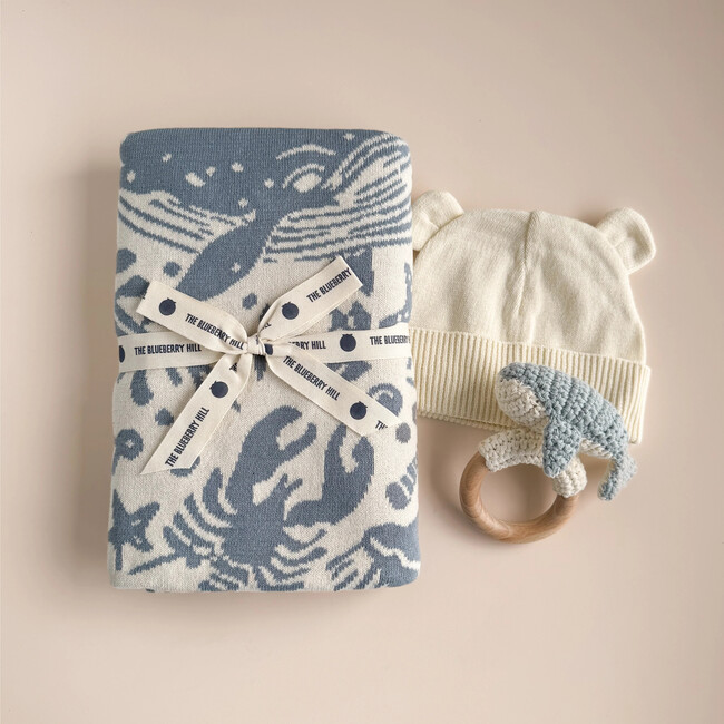 Cotton Nautical Blanket Teether Hat Baby Gift Set, Whale - Mixed Gift Sets - 3