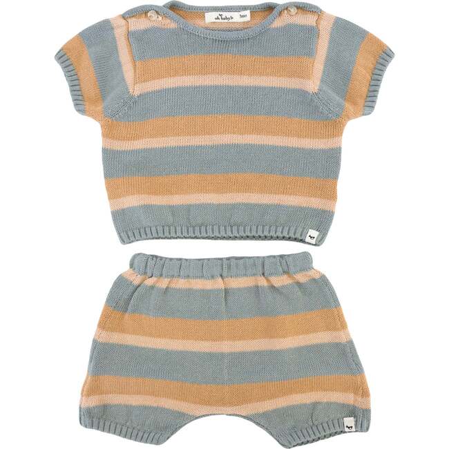 Country Club Knitted Short Set, Dusty Blue Stripe
