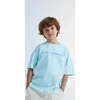 Smiley Print Crew Neck Relaxed Sleeve Tee, Light Blue - Blouses - 2