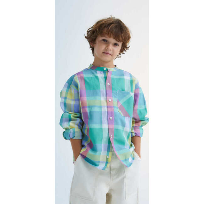 Malibu Checked Mao Collar Long Sleeve Shirt, Green - Shirts - 2