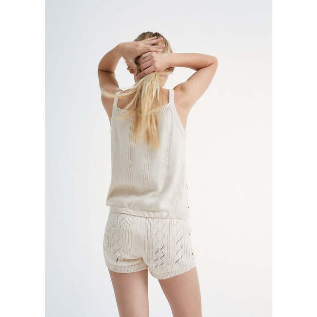 Ambrose Knit Flowers Sleeveless Ribbed Straps Top, Beige - Tank Tops - 6