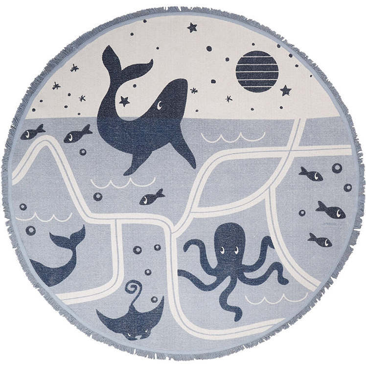 Hand-Woven Fringed Round Rug, Little Deep Blue - Rugs - 1