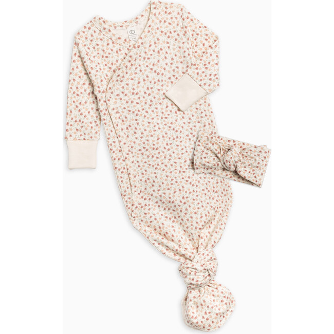Organic Indy Kimono Gown + Bow, Joy Floral / Berry