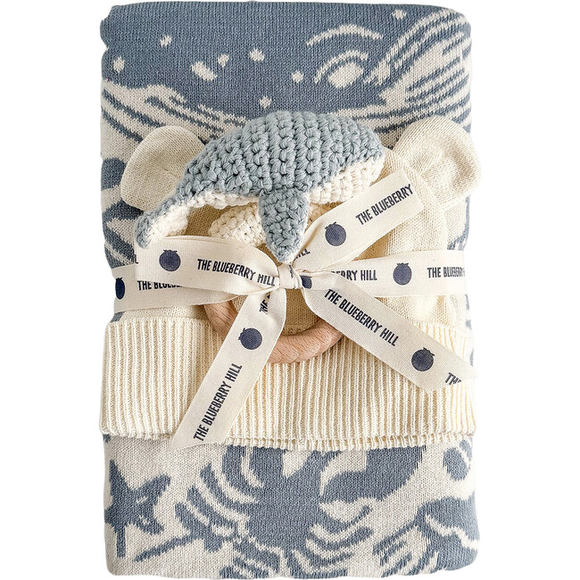 Cotton Nautical Blanket Teether Hat Baby Gift Set, Whale