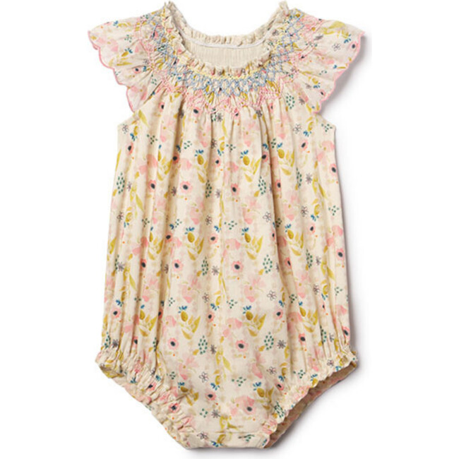 Daisy Print Smocked Neck Flutter Sleeve Bubble, Dancing Floral