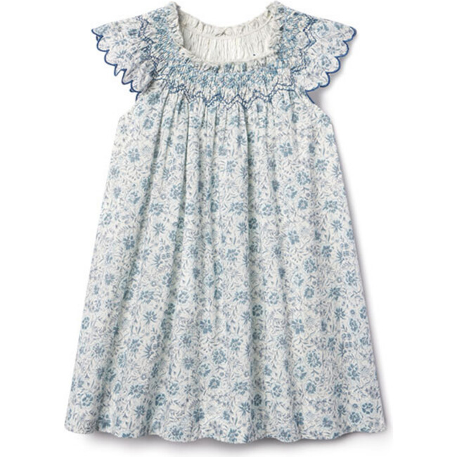 Daisy Floral Print Smocked Neck Flutter Sleeve Dress, Blue