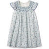 Daisy Floral Print Smocked Neck Flutter Sleeve Dress, Blue - Dresses - 1 - thumbnail