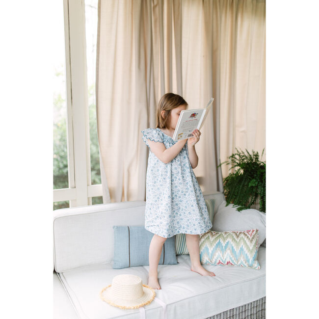 Daisy Floral Print Smocked Neck Flutter Sleeve Dress, Blue - Dresses - 2