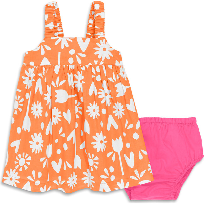 Baby Dress & Bloomer Set In Garden Party, Cantaloupe Block Print