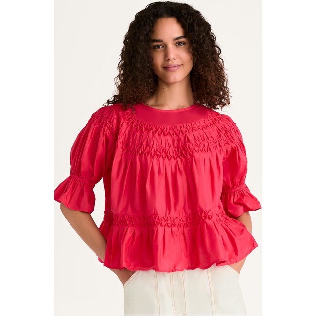 Women's Sol Short Ruffle Cuff Sleeve Smocked Top, Zinnia - Blouses - 2