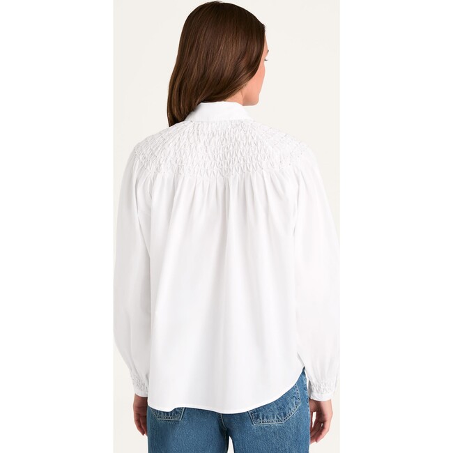 Women's Solstice Honeycomb Smocked Neck Buttoned Top, White - Blouses - 3