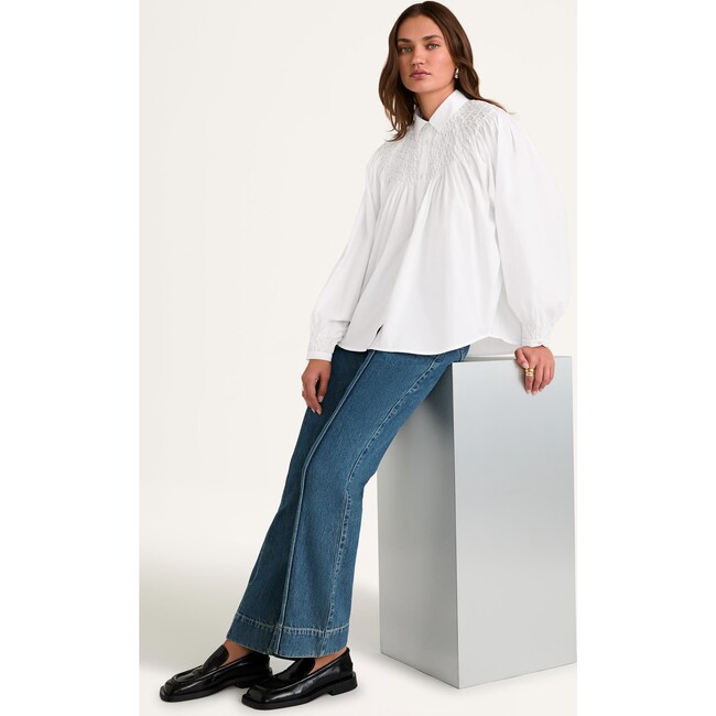 Women's Solstice Honeycomb Smocked Neck Buttoned Top, White - Blouses - 4