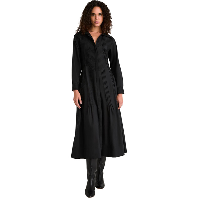 Women's Liberty Long Sleeve Pintuck Buttoned Belted Dress, Black
