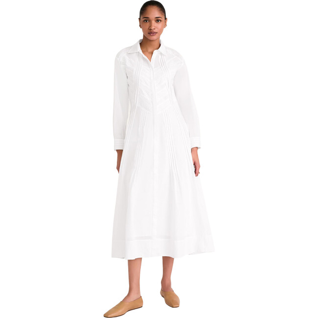 Women's Liberty Long Sleeve Pintuck Buttoned Belted Dress, White