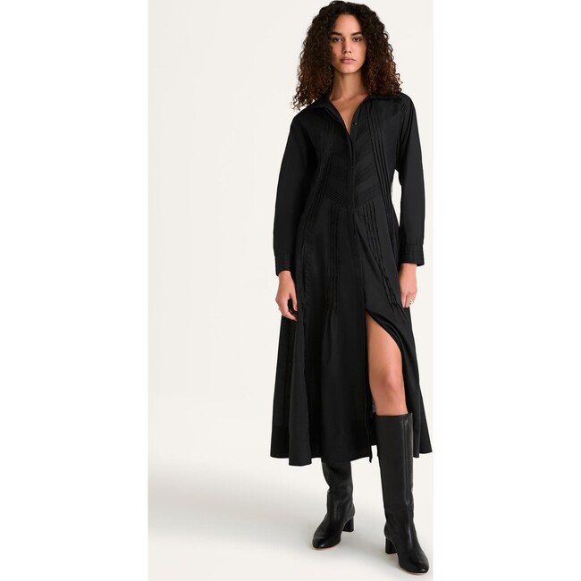 Women's Liberty Long Sleeve Pintuck Buttoned Belted Dress, Black - Dresses - 2