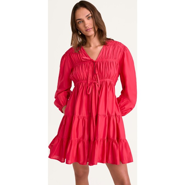 Women's Lasse Tie-Neck Puff Sleeve Gathered Tire Dress, Zinnia - Dresses - 4