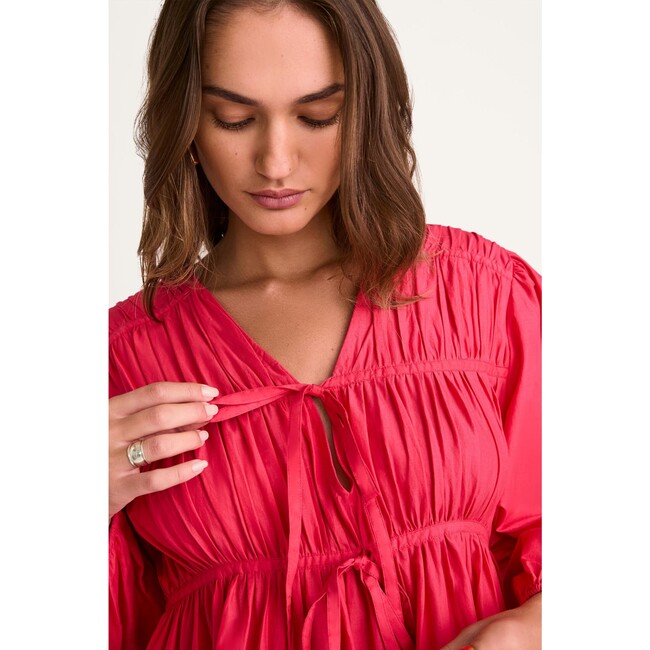 Women's Lasse Tie-Neck Puff Sleeve Gathered Tire Dress, Zinnia - Dresses - 5