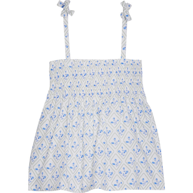 Lucy Print Tie-Bow Strap Smocked Top, Vintage Azur