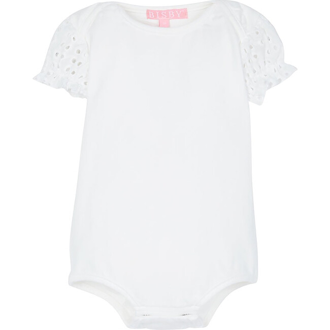 Contrast Eyelet Puff Sleeve Onesie, White