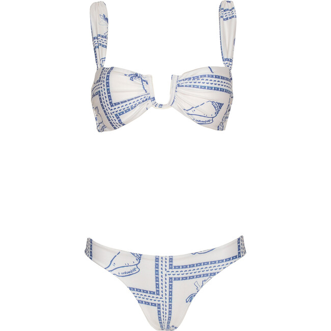 Women's Bandeau Drapped String Bikini Top, White & Blue