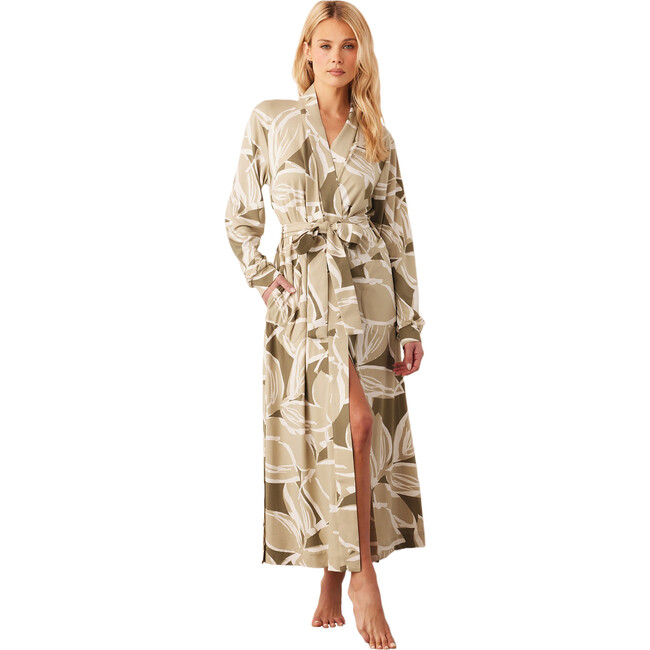 Women's Skyler Leaf Print Banded Long Robe, Fern