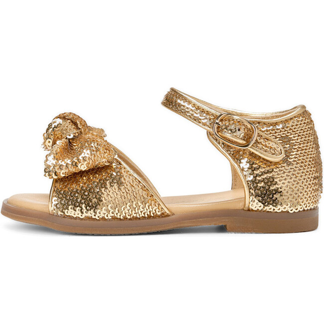 Margo Leather Sequins Bow Ankle Strap Sandals, Gold