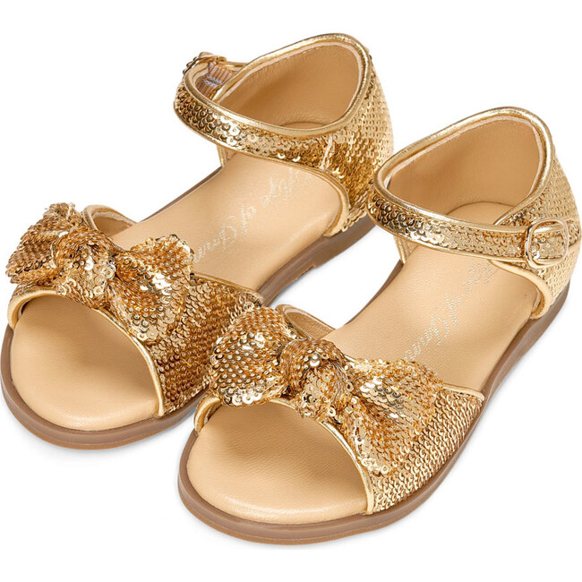 Margo Leather Sequins Bow Ankle Strap Sandals, Gold - Sandals - 2