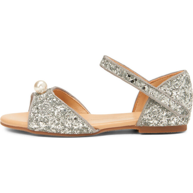 Mila Glitter Leather Slip-On Flat Sandals, Silver