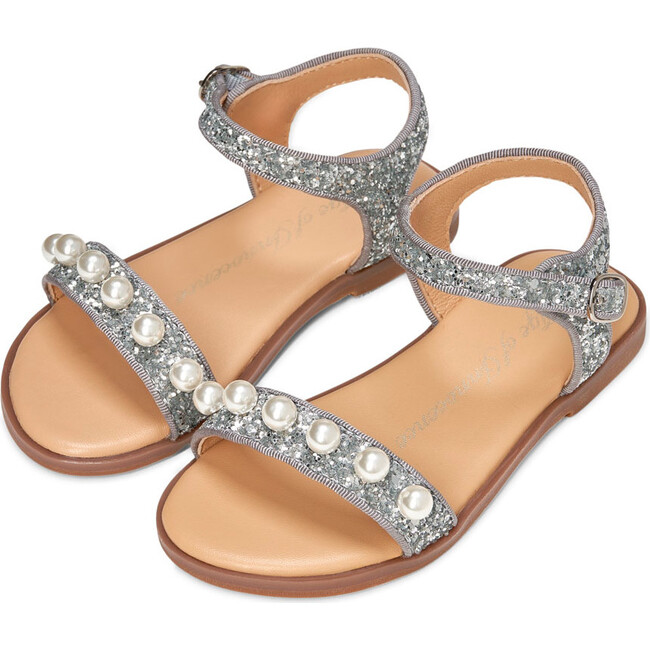 Fleur Glitter Leather Slim Strap 6-Pearl Sandals, Silver - Sandals - 2