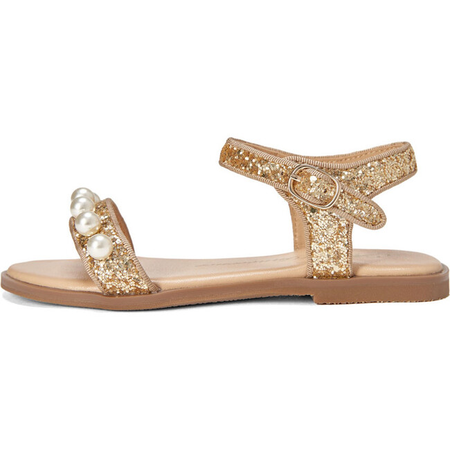 Fleur Glitter Leather Slim Strap 6-Pearl Sandals, Gold