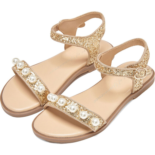 Fleur Glitter Leather Slim Strap 6-Pearl Sandals, Gold - Sandals - 2