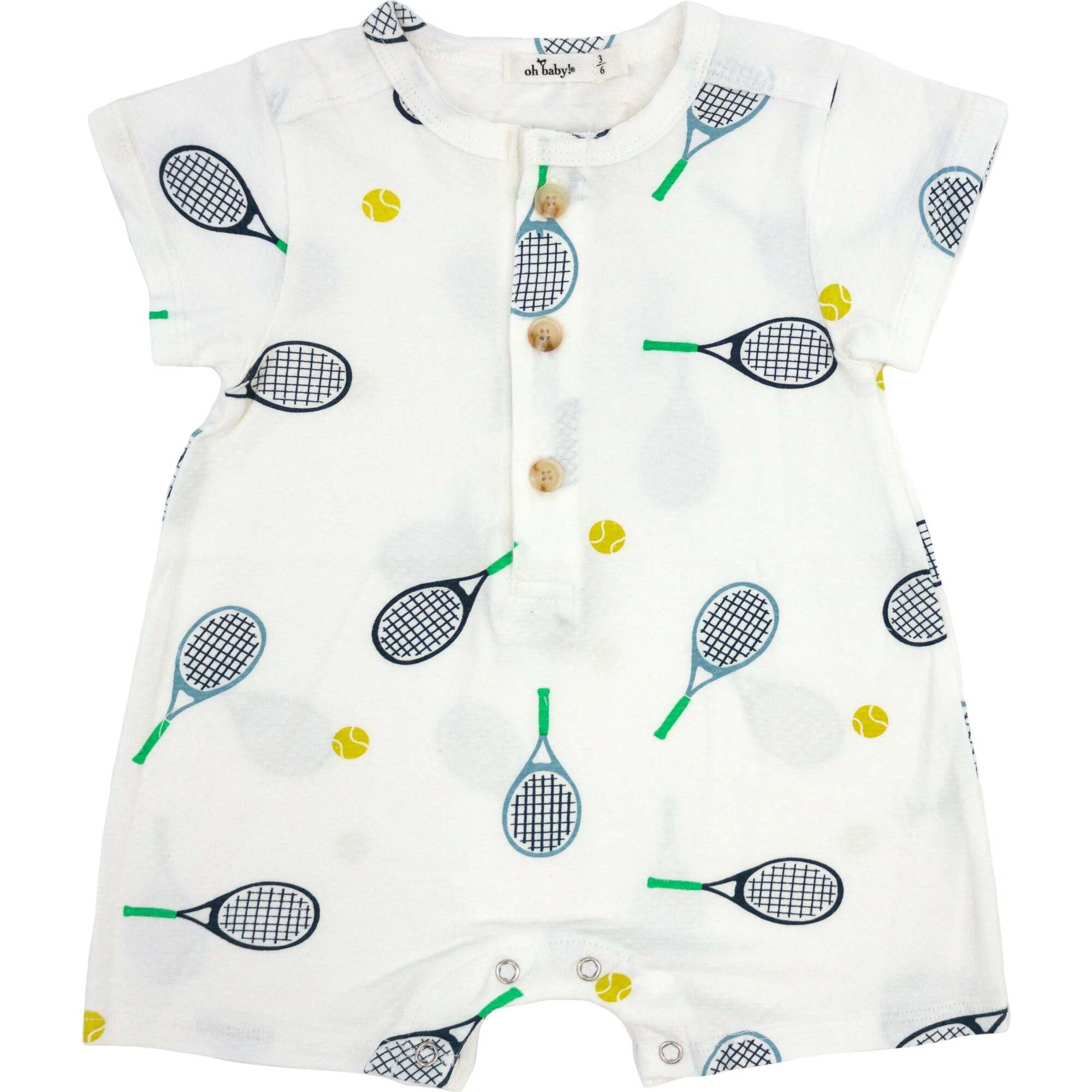 Tennis Print SS Button Neck Romper, Oyster - Rompers - 1