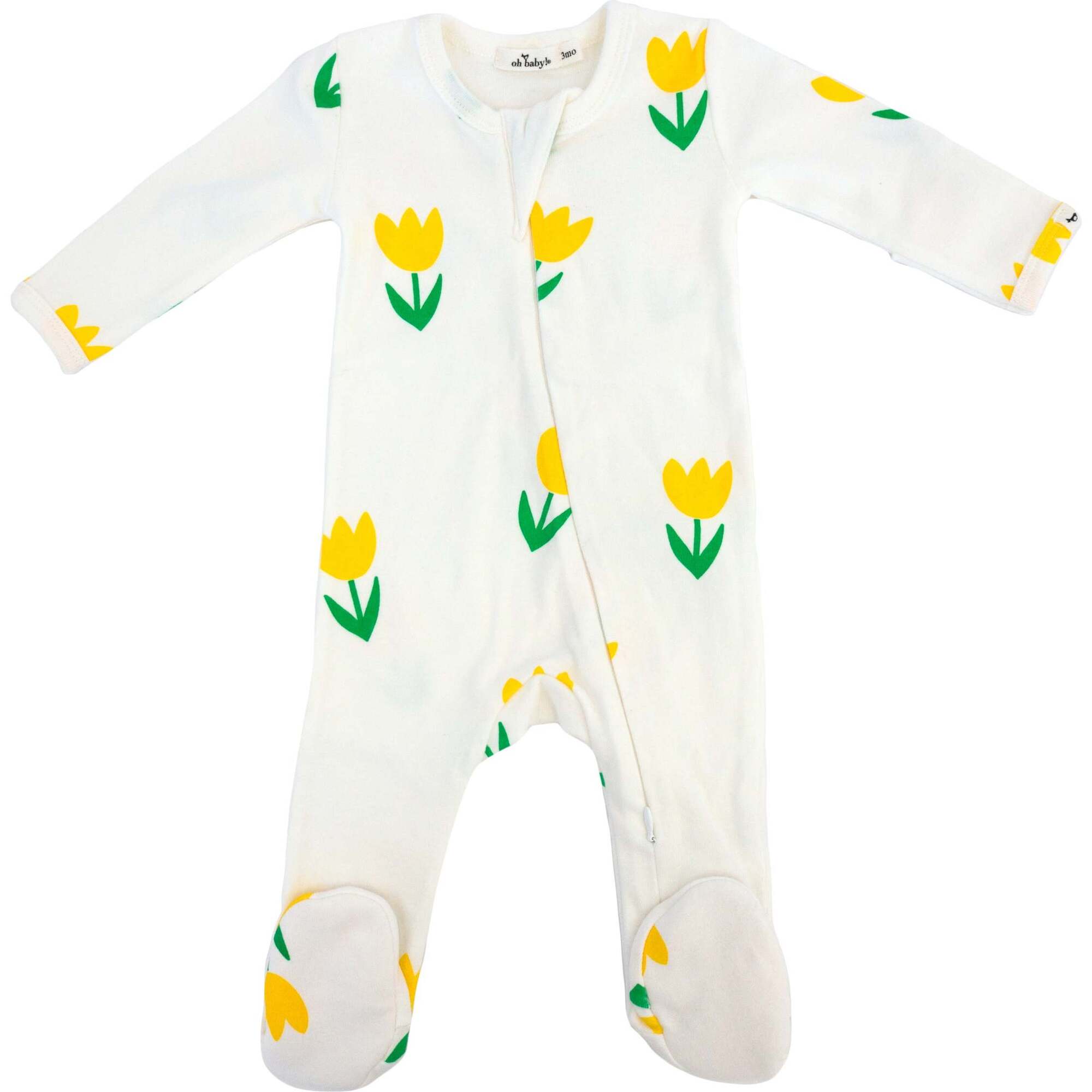 Yellow Tulips Print Zipper Footie, Cream - Footie Pajamas - 1