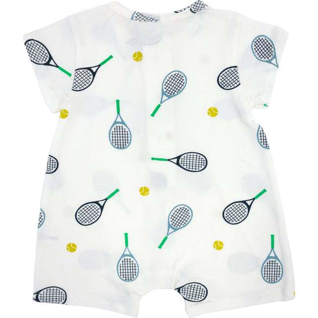 Tennis Print SS Button Neck Romper, Oyster - Rompers - 2