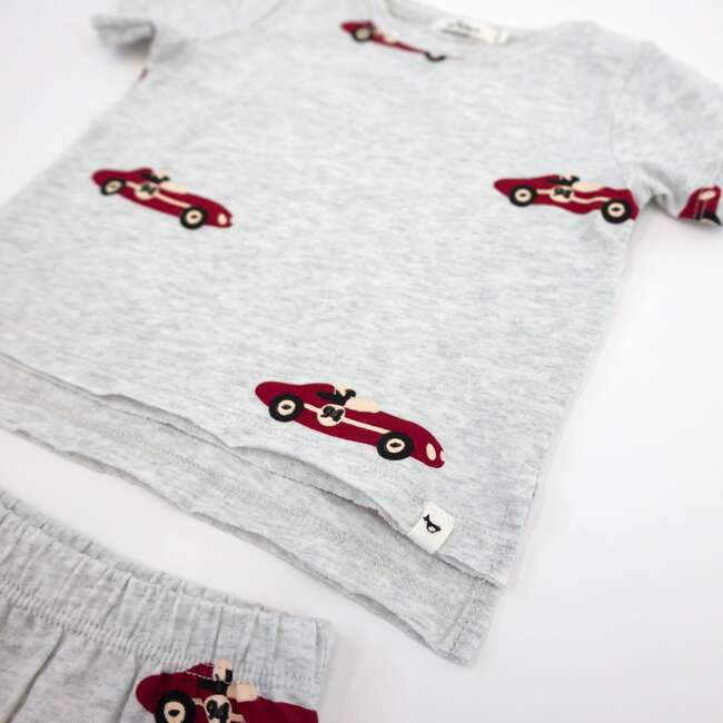 Racecar Print Raw Edge Tee Short Set, Heather Gray - Mixed Apparel Set - 3