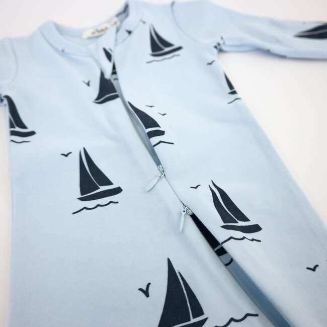 Denim Sailboat Print Zipper Footie, Sky Blue - Footie Pajamas - 3