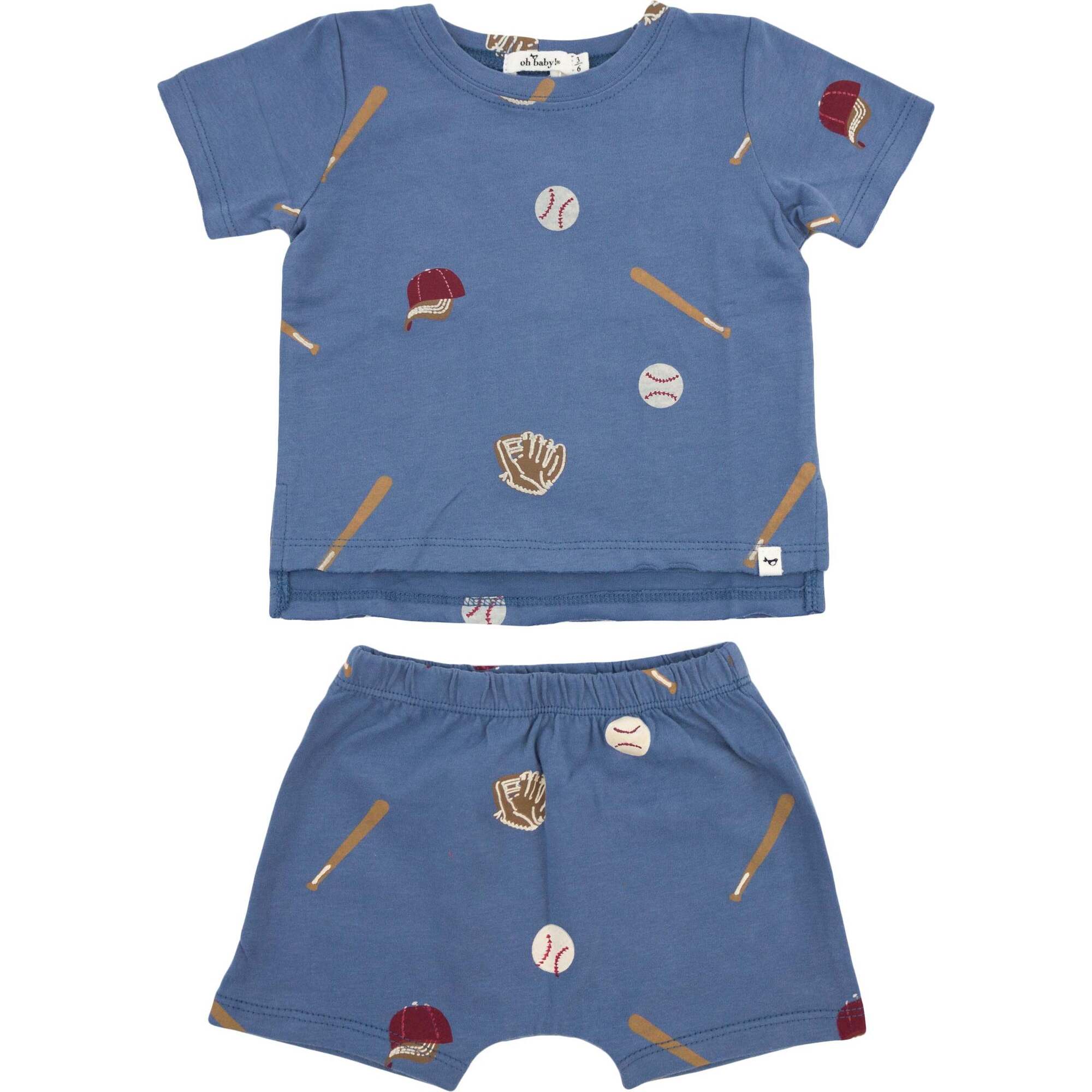 Baseball Print Raw Edge Tee Short Set, Denim - Mixed Apparel Set - 1