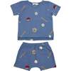 Baseball Print Raw Edge Tee Short Set, Denim - Mixed Apparel Set - 1 - thumbnail