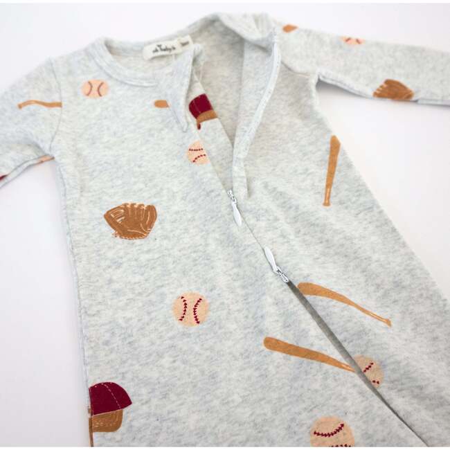 Baseball Print Zipper Footie, Heather Gray - Footie Pajamas - 3