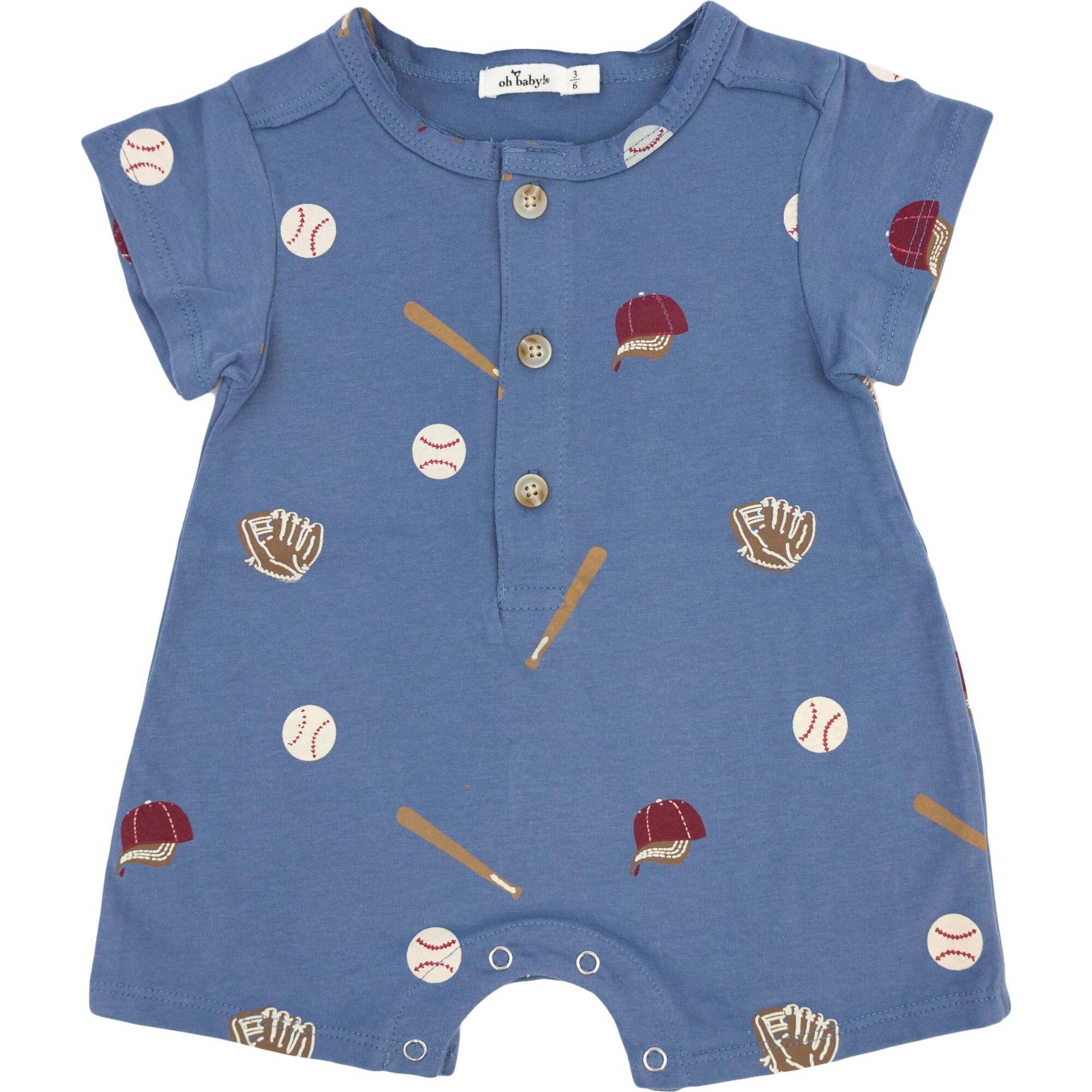 Baseball Print Print SS Button Neck Romper, Denim - Rompers - 1