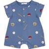 Baseball Print Print SS Button Neck Romper, Denim - Rompers - 1 - thumbnail