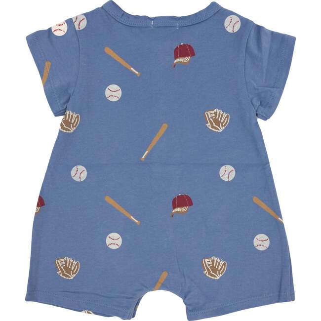 Baseball Print Print SS Button Neck Romper, Denim - Rompers - 2