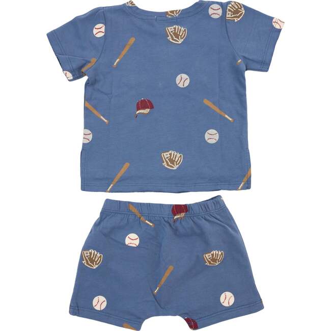 Baseball Print Raw Edge Tee Short Set, Denim - Mixed Apparel Set - 2