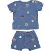 Baseball Print Raw Edge Tee Short Set, Denim - Mixed Apparel Set - 2