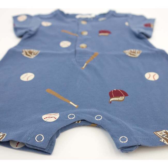 Baseball Print Print SS Button Neck Romper, Denim - Rompers - 3