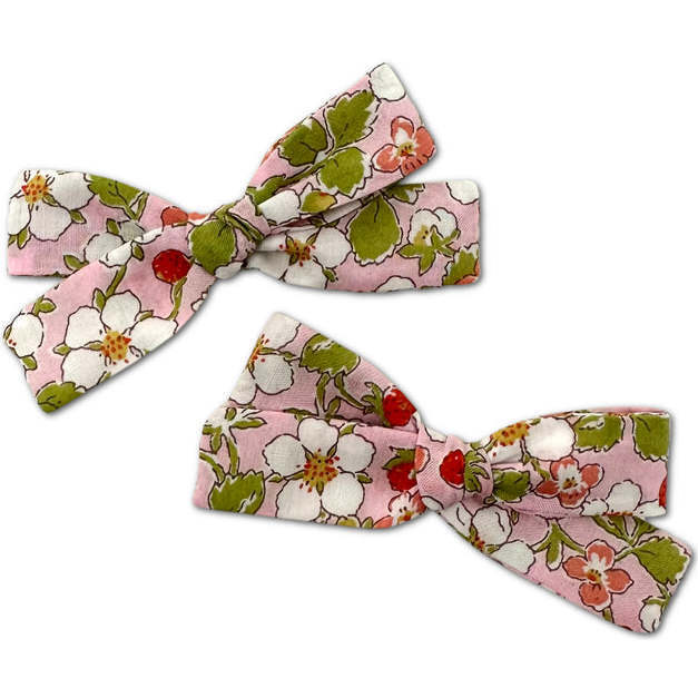 Liberty Of London Strawberries Print Skinny Ribbon Pigtail Bows, Pink (Set Of 2)