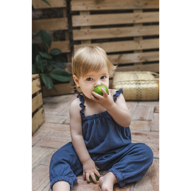 Ruffle Strap Cinched Dungaree Romper, Dark Blue - Overalls - 3